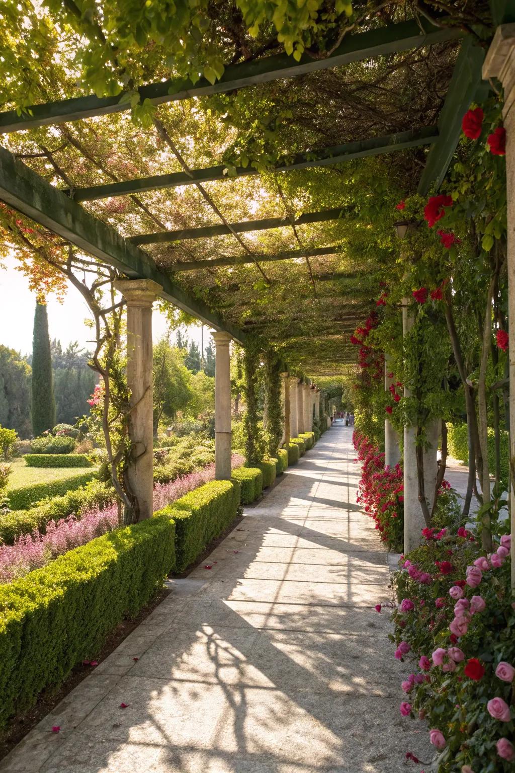A pergola walkway adorned with blooming vines.