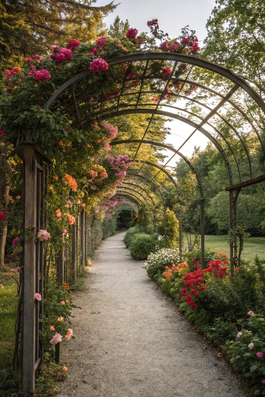 Metal arbors offer both structure and charm to this garden walkway.