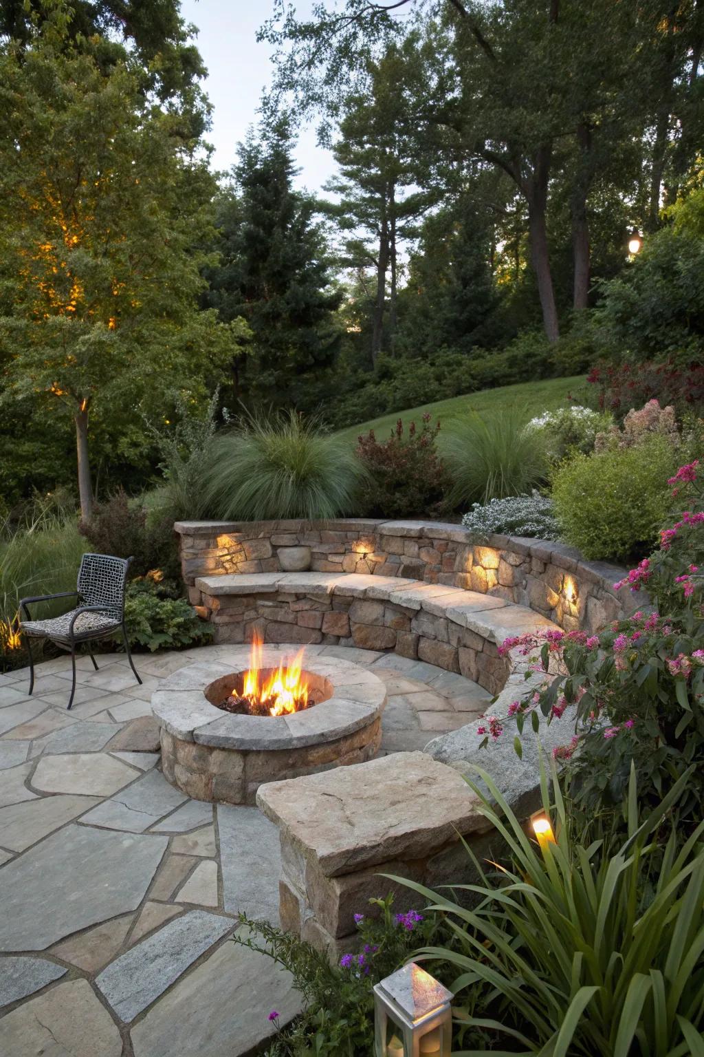 Natural stone seating provides a rustic charm.