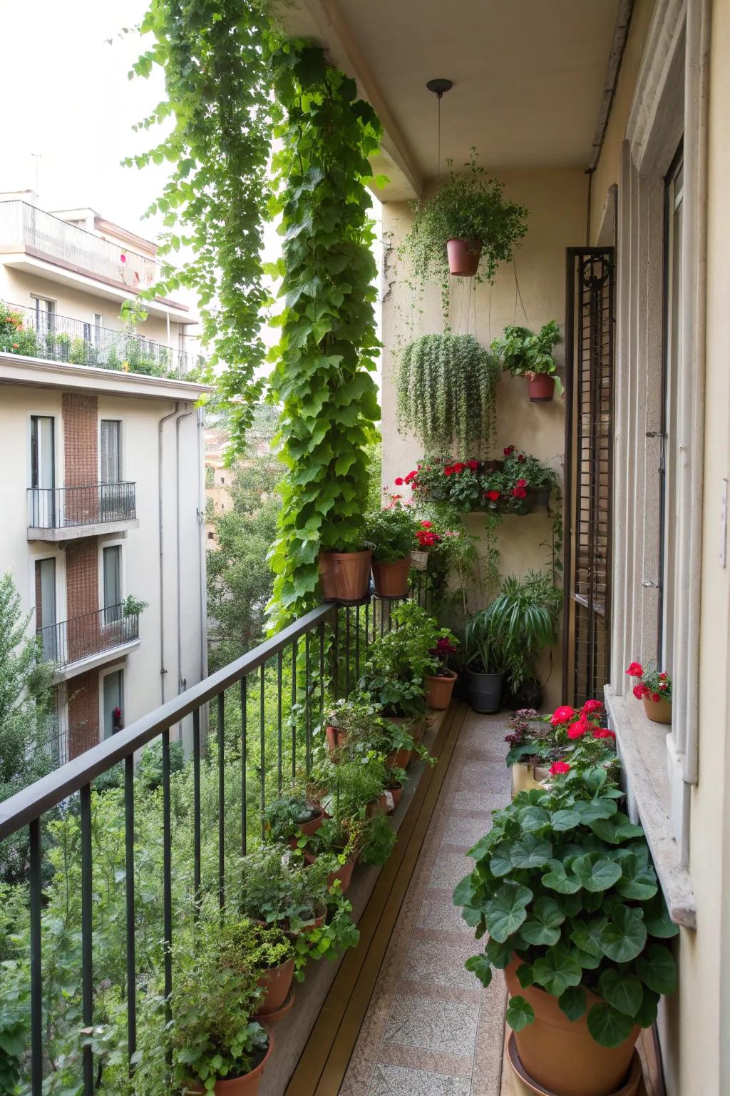 A lush green oasis with a vertical garden on a small balcony.