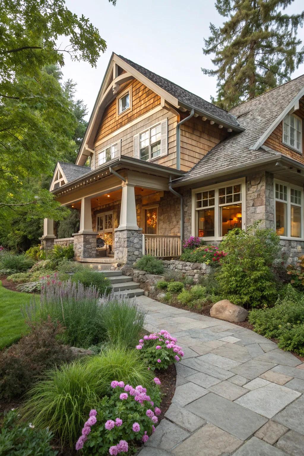 Natural stone accents enhance the earthy charm of this craftsman house.