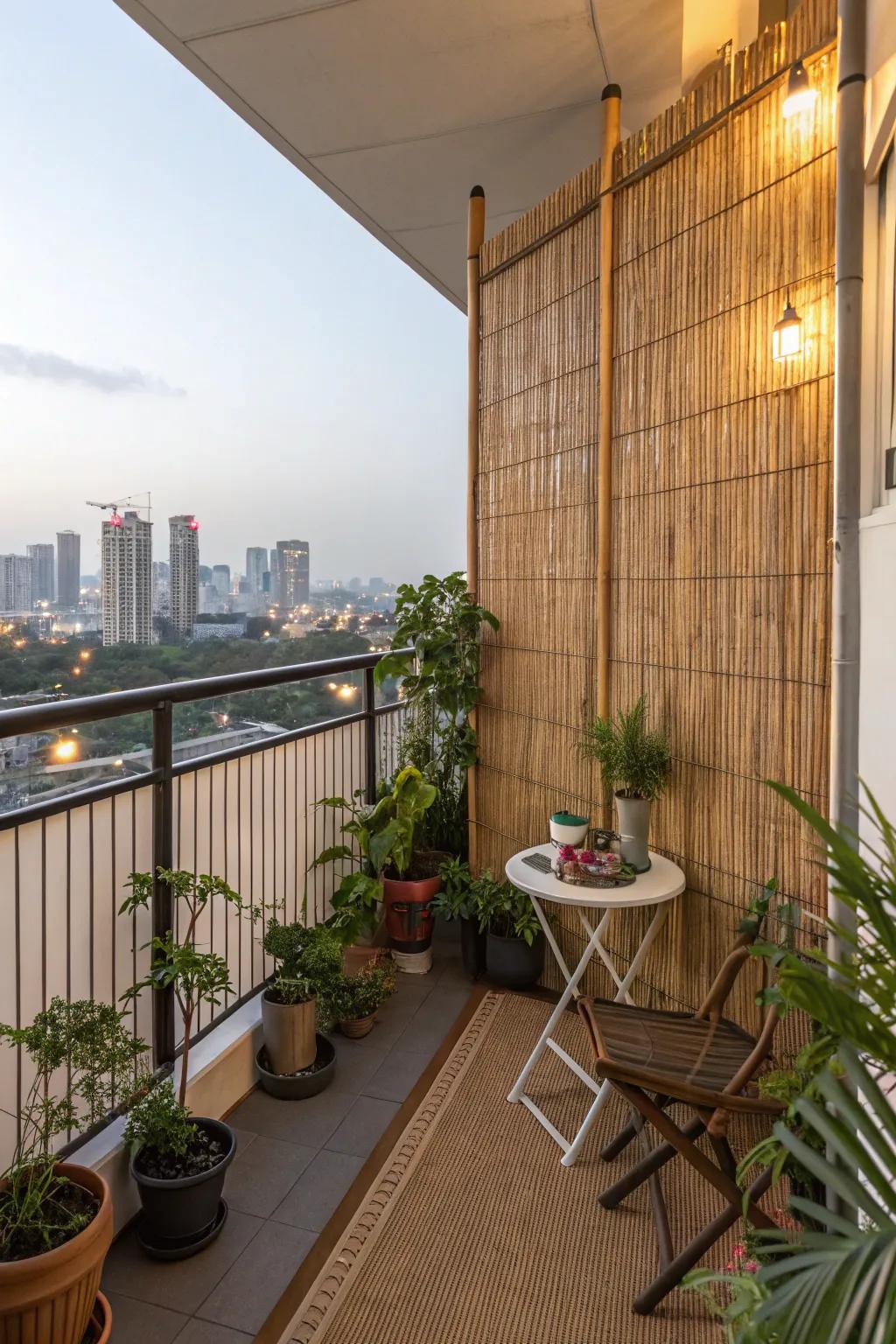 A bamboo privacy screen transforms a balcony into a private retreat.