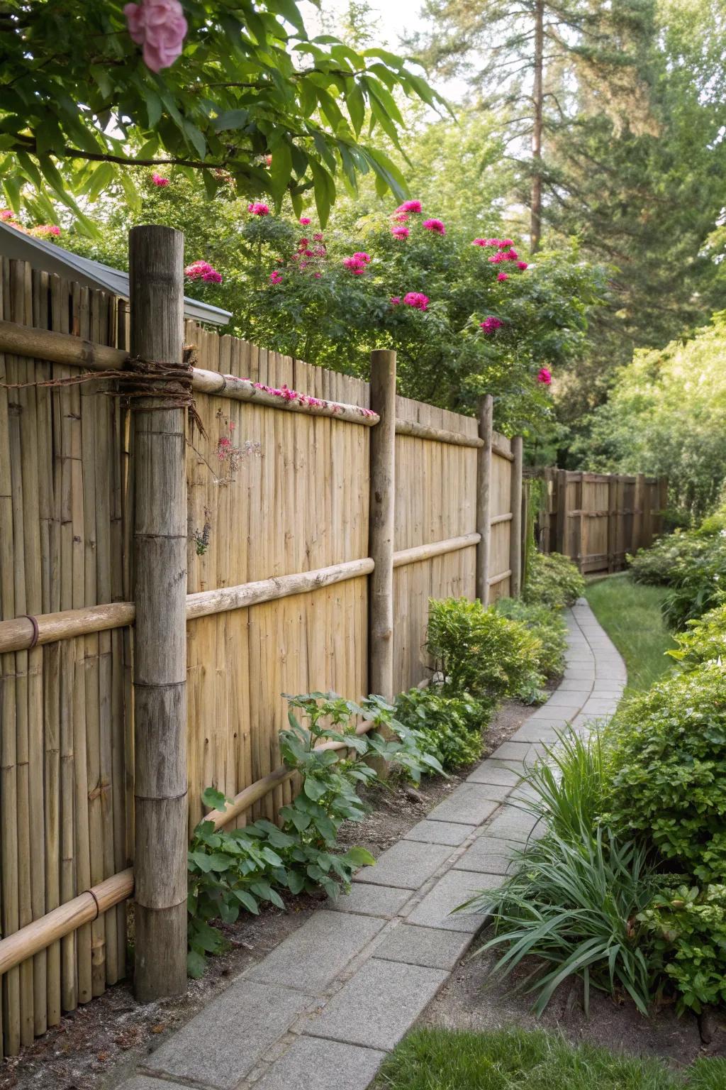 A fence crafted from raw wood and bamboo, complementing the garden's natural beauty.