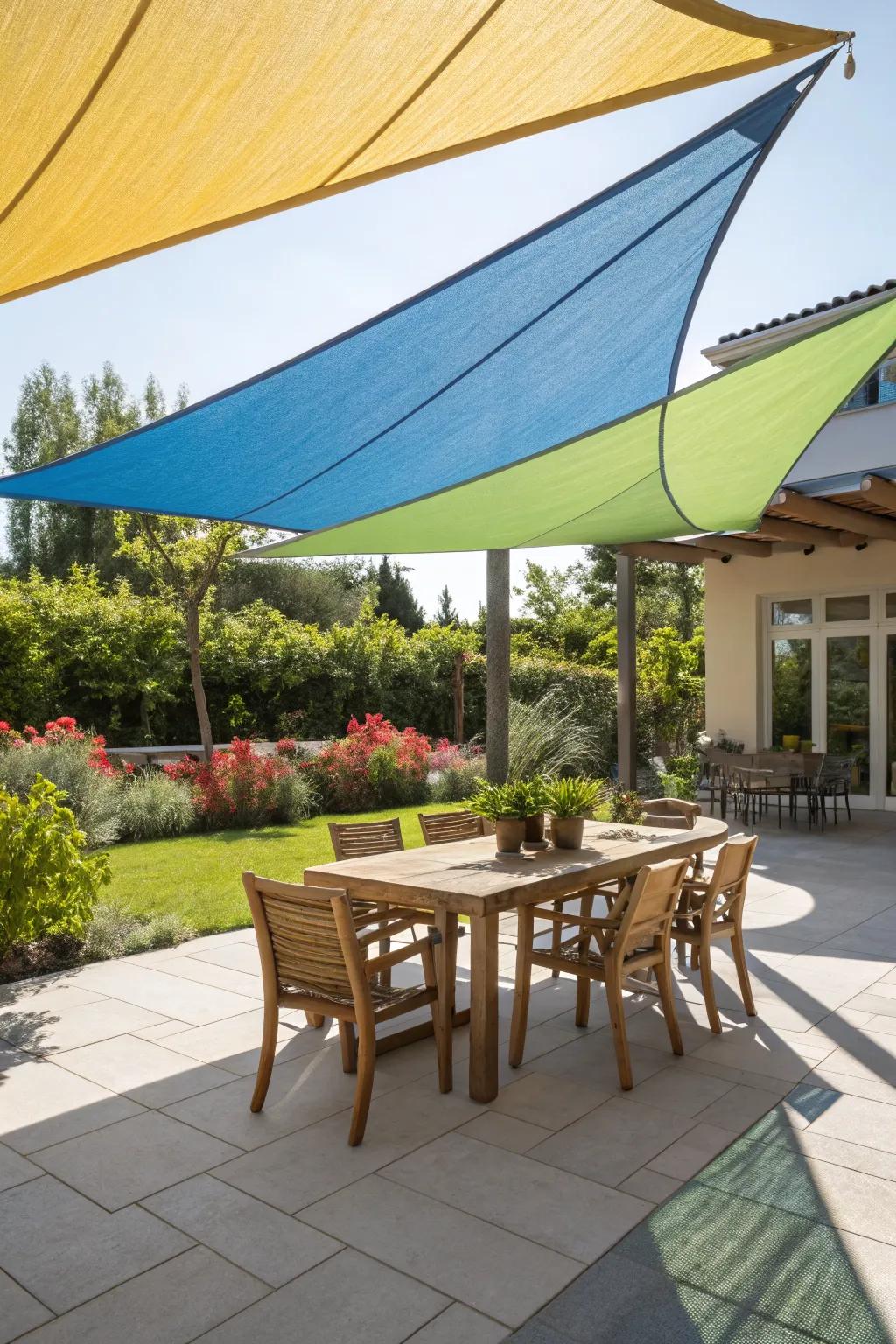 Shade sails provide artistic and expansive coverage.