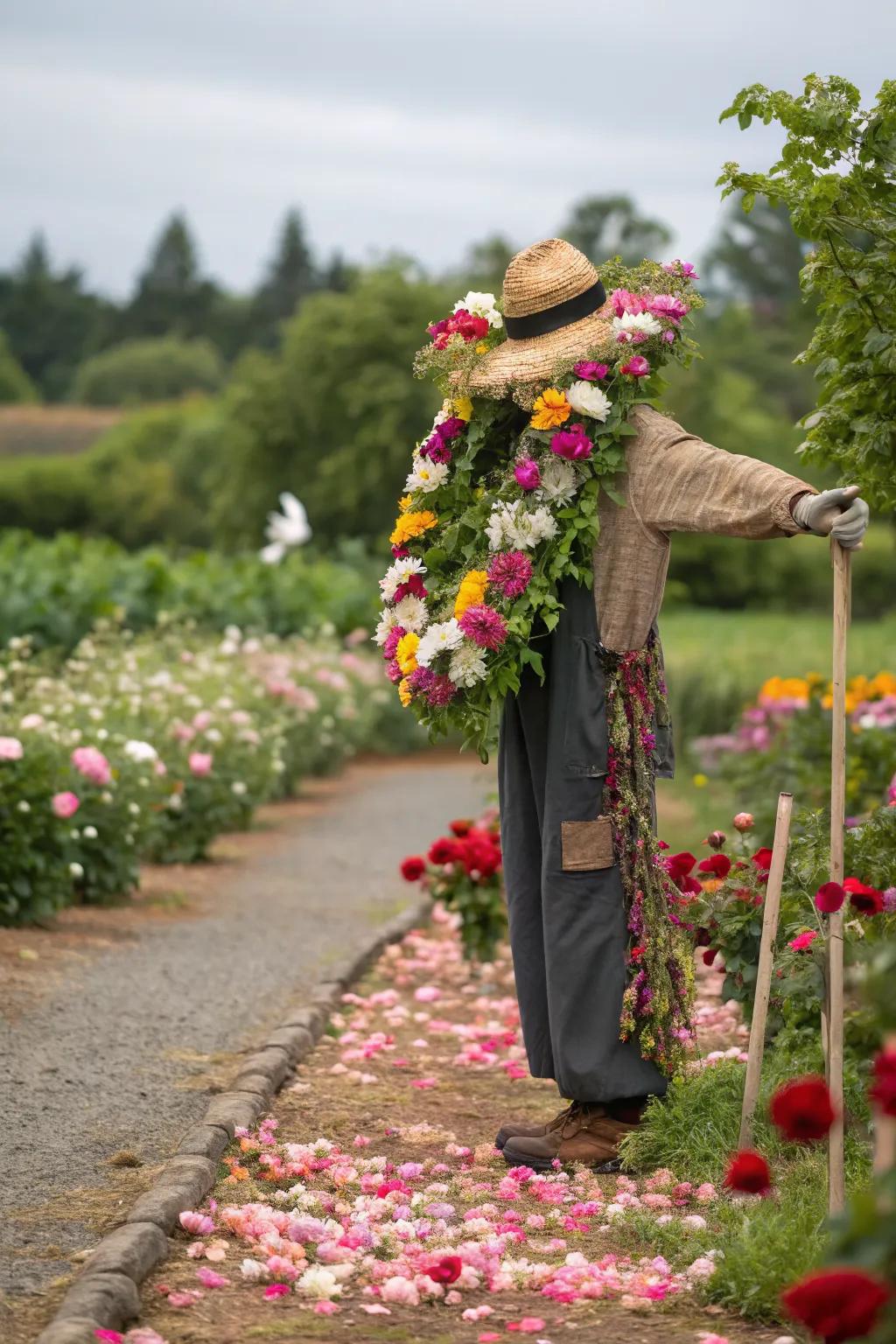 A scarecrow blooming with floral charm.