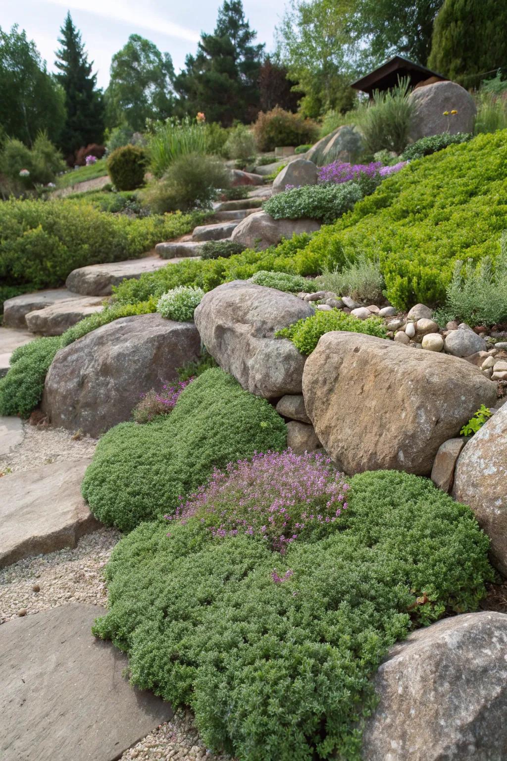 Enhance your rock garden with the lush greenery of creeping thyme.