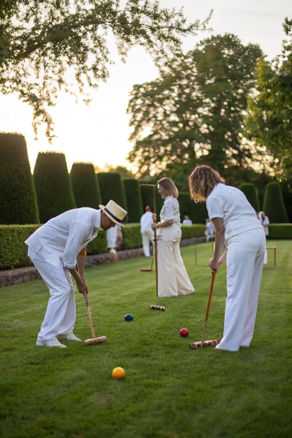 Guests dressed in classic white enjoying a game of croquet.