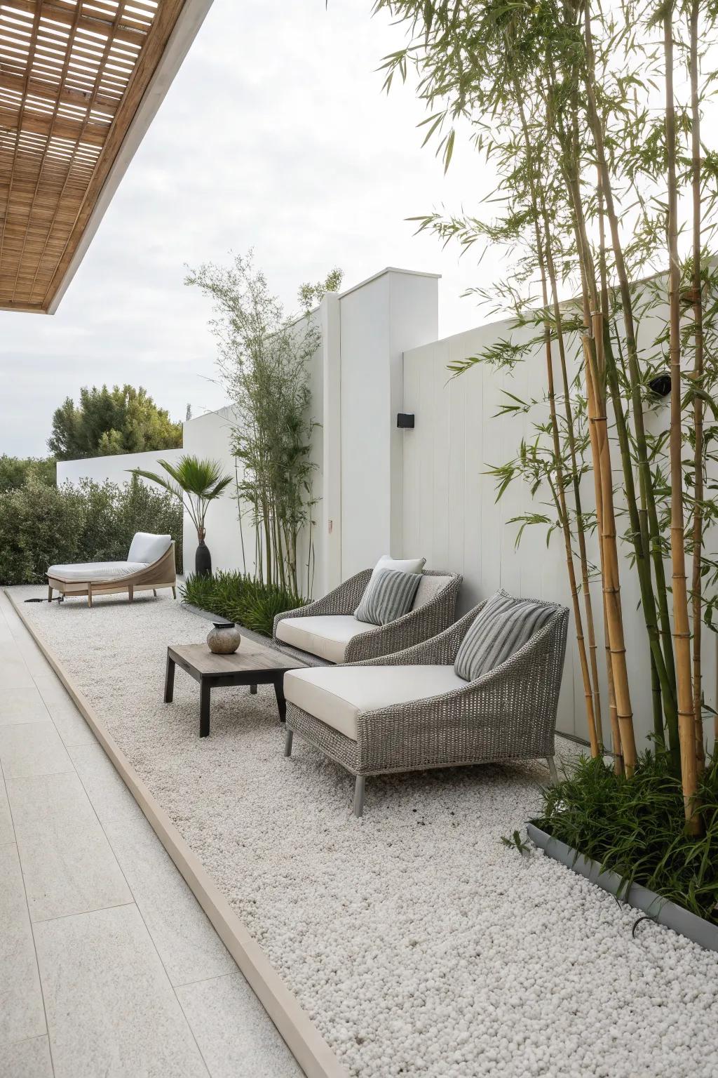 A minimalist patio design with crushed granite exudes tranquility and modern elegance.