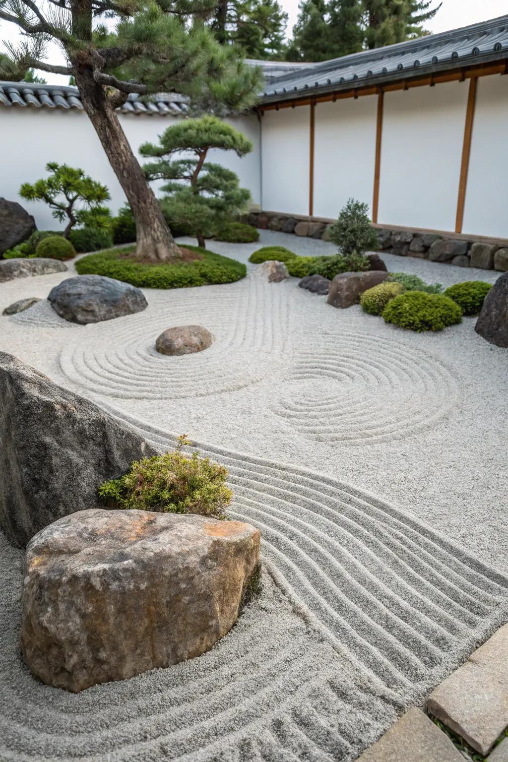Embrace peace with a minimalist Zen garden using crushed stone.