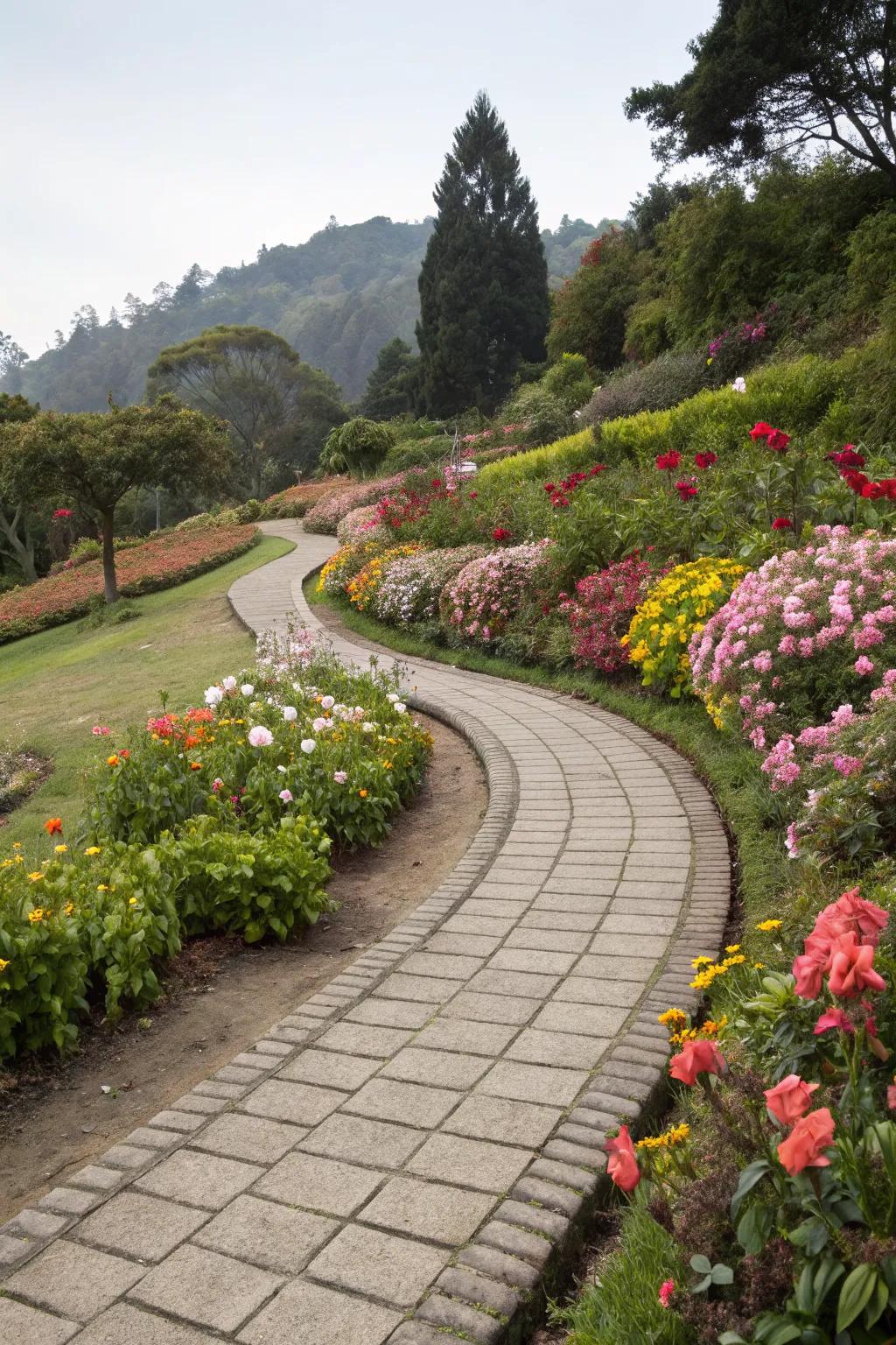 A curved pathway adds elegance and guides visitors.