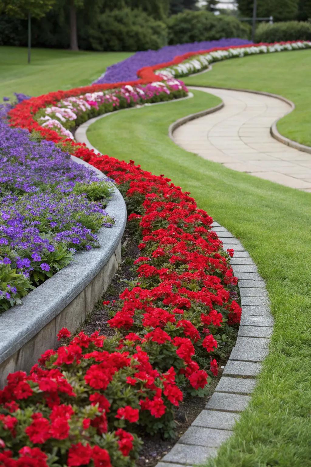 Contrasting colors enhance the curves of the flower bed.