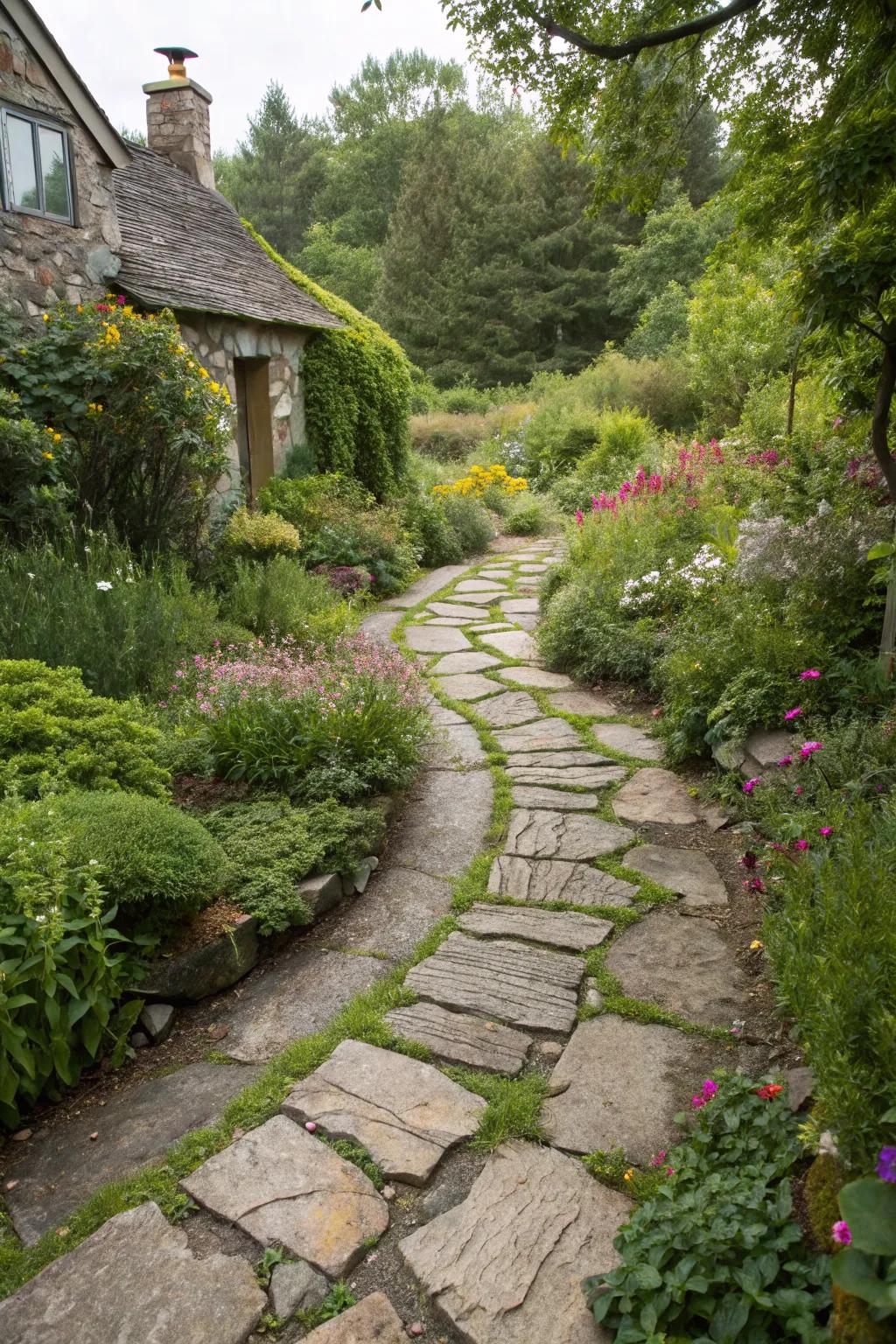 A rustic curved walkway utilizing fieldstone set in a charming cottage-style garden.
