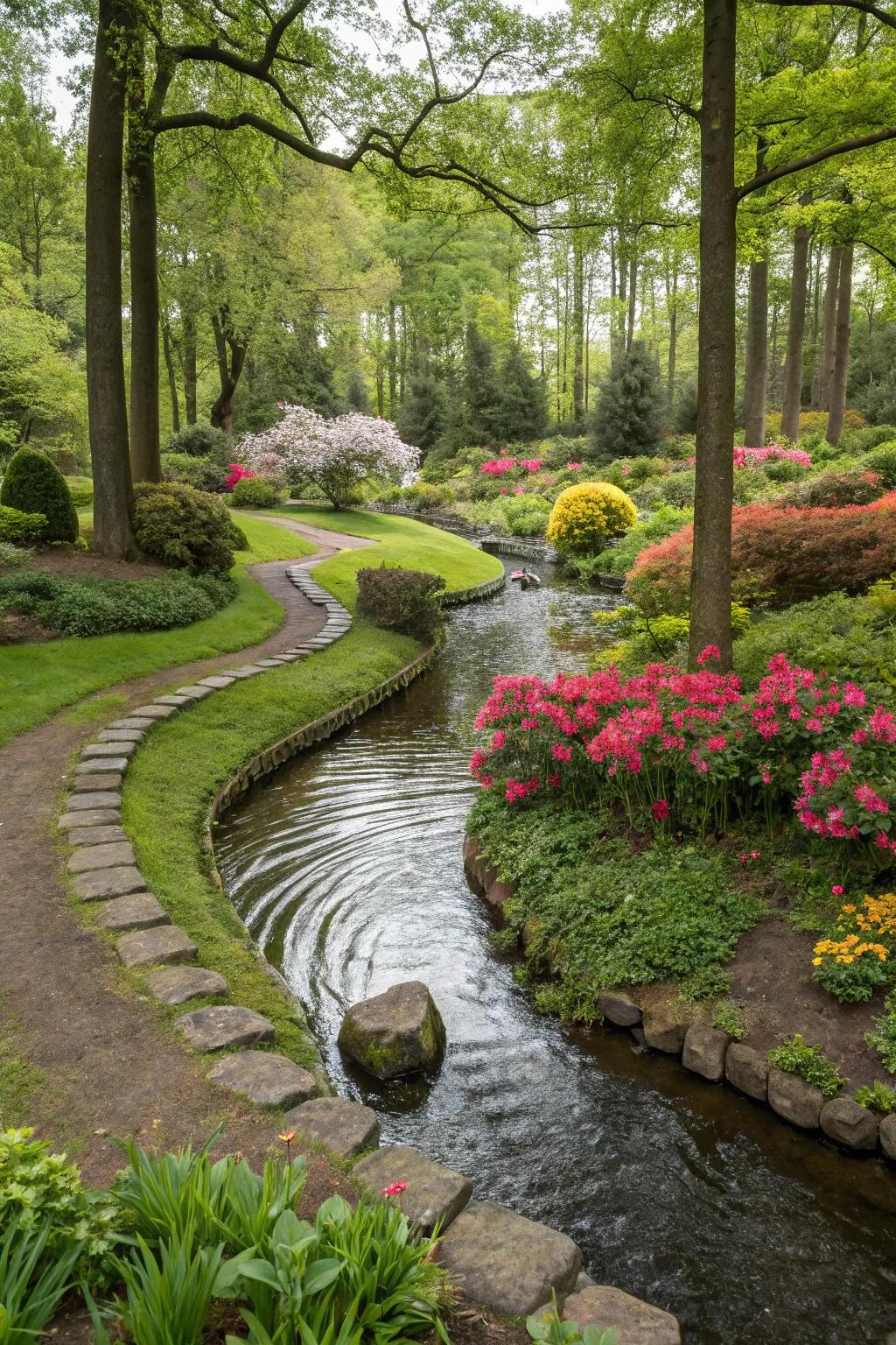 A flowing water feature adds tranquility with its soft, natural curves.
