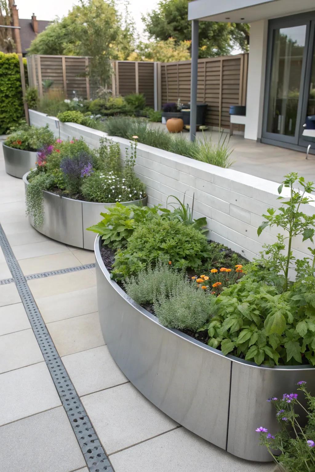 Sleek metal beds add a contemporary flair to your garden.