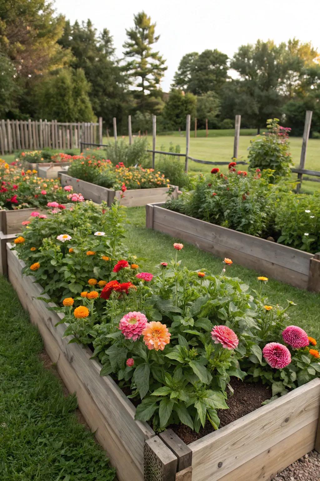 Raised beds brimming with vibrant cut flowers, offering easy access and maintenance.