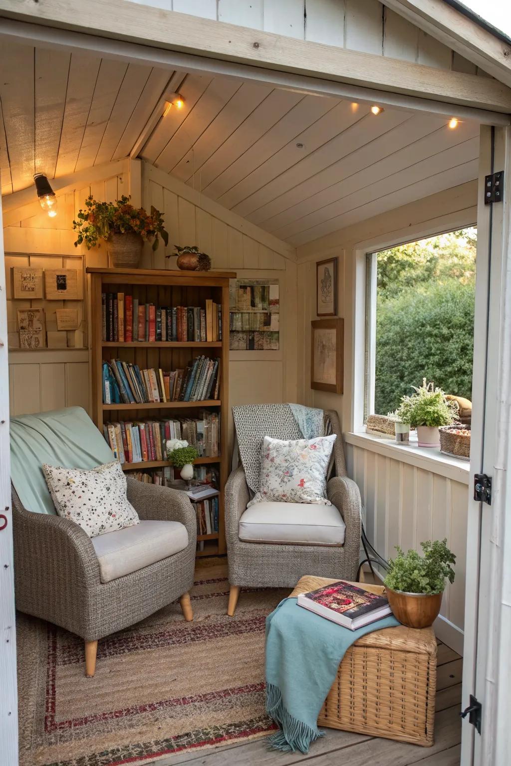 A cozy reading nook with comfy chairs and pillows.