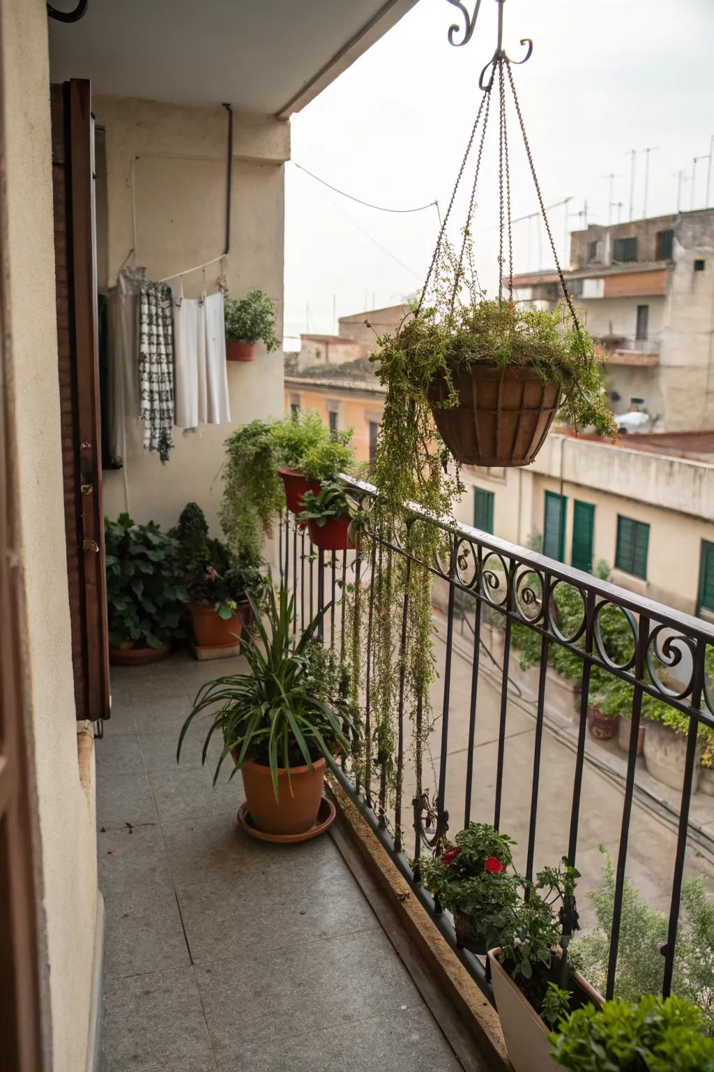 A small balcony with hanging plants, adding depth and elegance.