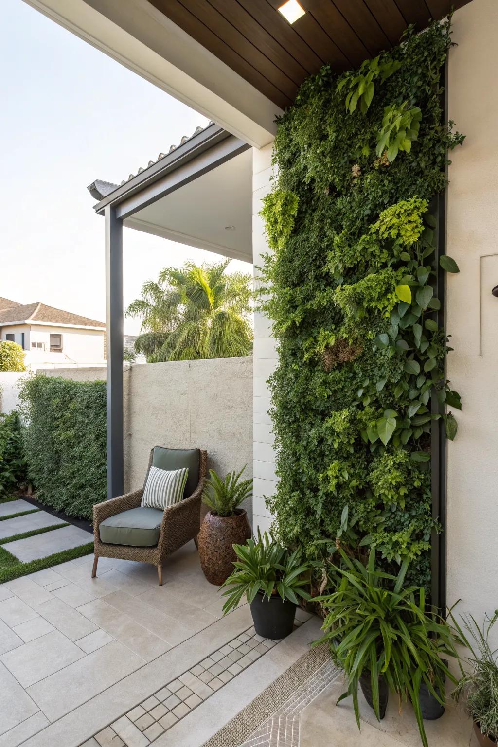 A vertical plant wall adds greenery without taking up floor space