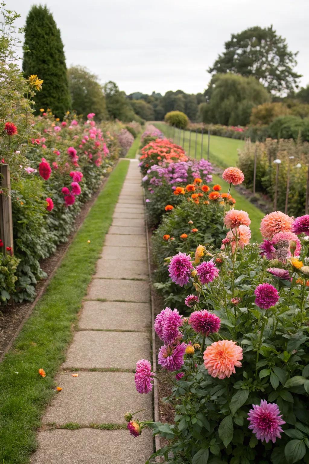 Dahlia borders add a structured yet vibrant edge to garden paths.