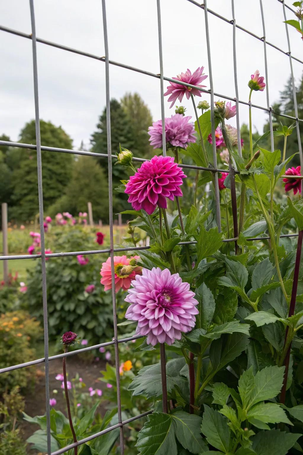 Wire grids providing strong support to growing dahlias.