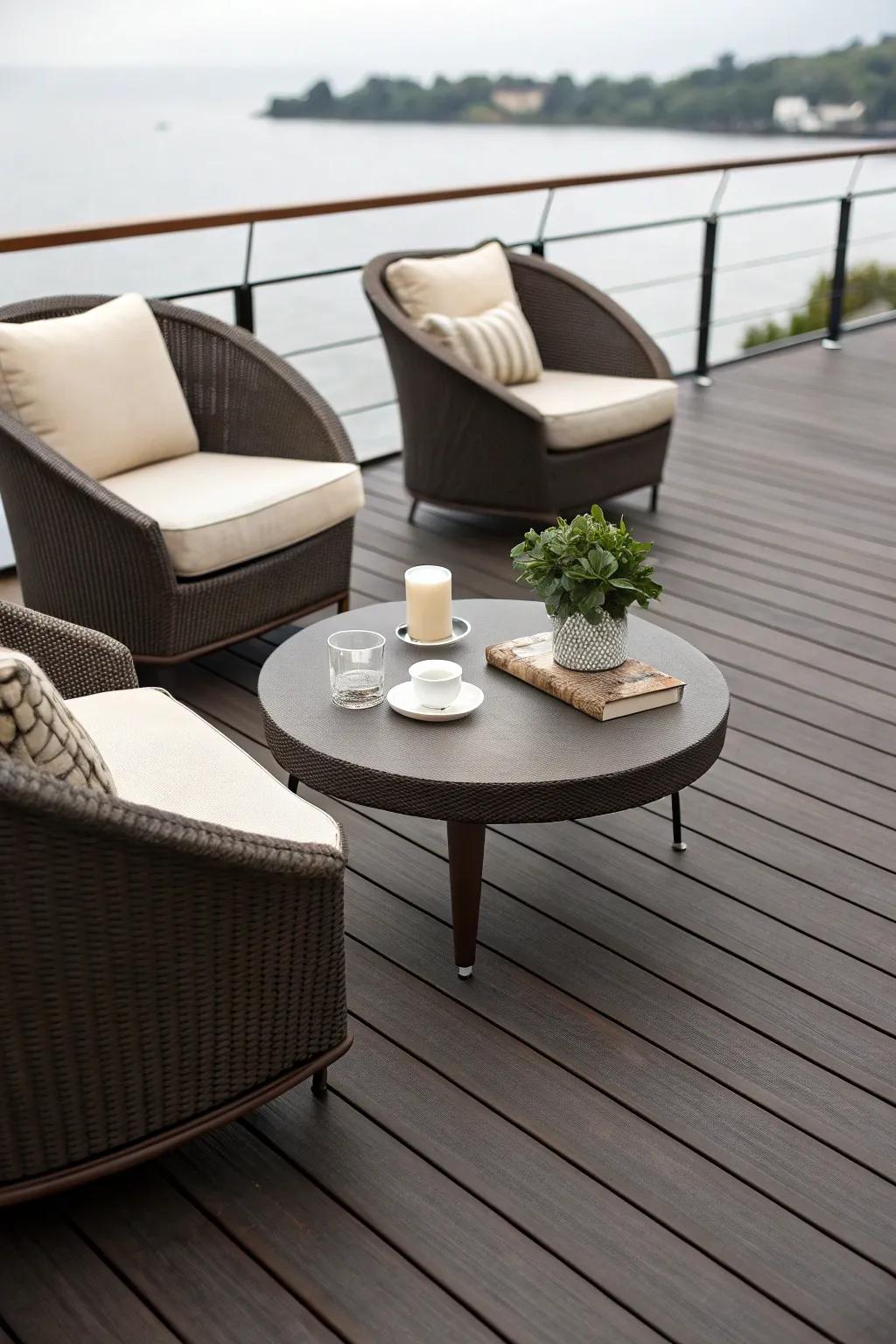A modern dark brown deck featuring minimalist furniture and design.