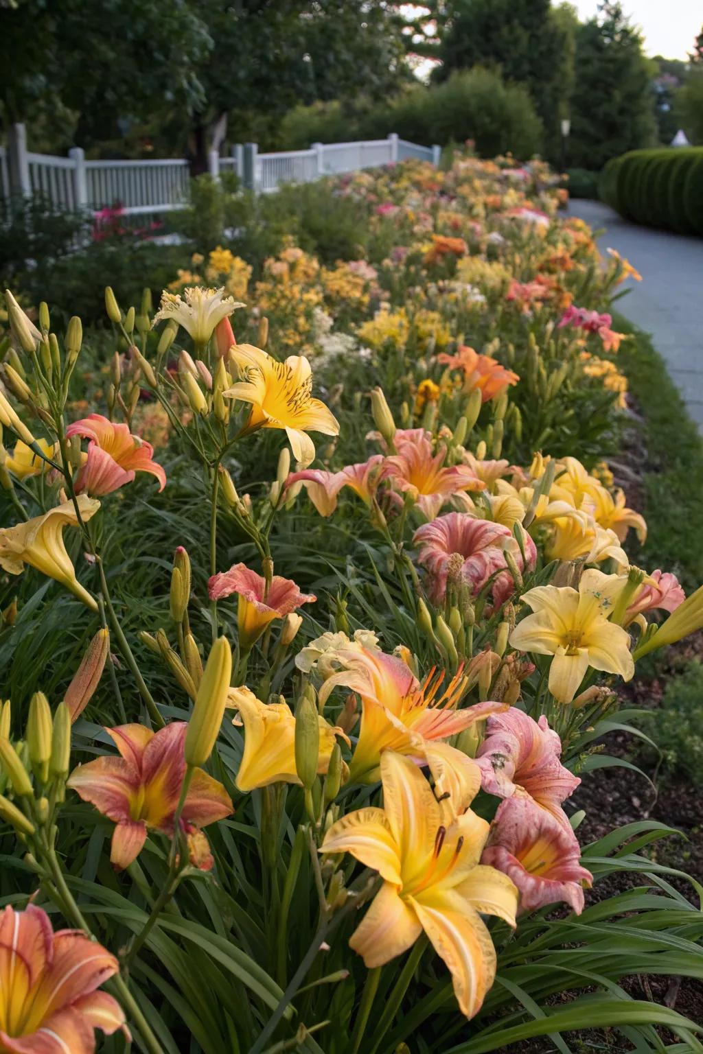 Dense daylily clusters for a lush garden effect.
