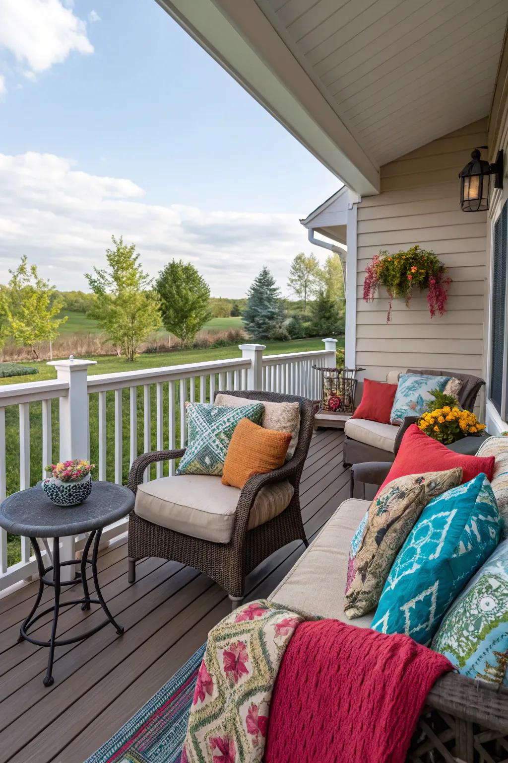 Pillows and throws add comfort and style to this deck seating.
