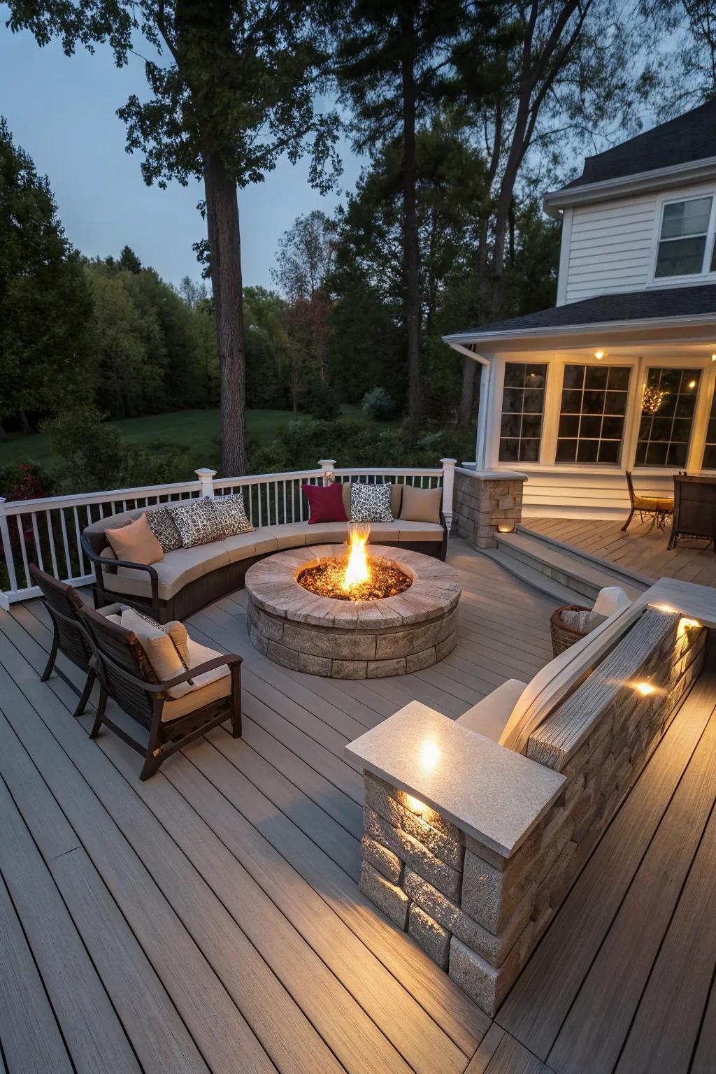 A fire pit invites warmth and conversation.