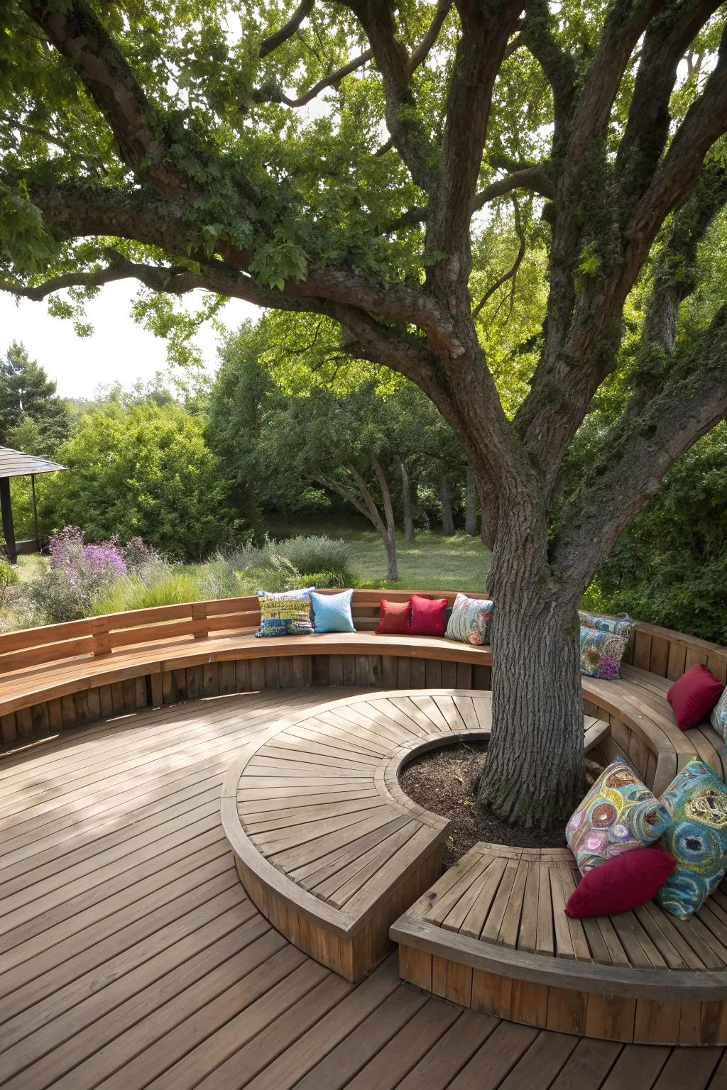 Built-in benches provide ample seating around the tree for vibrant gatherings.