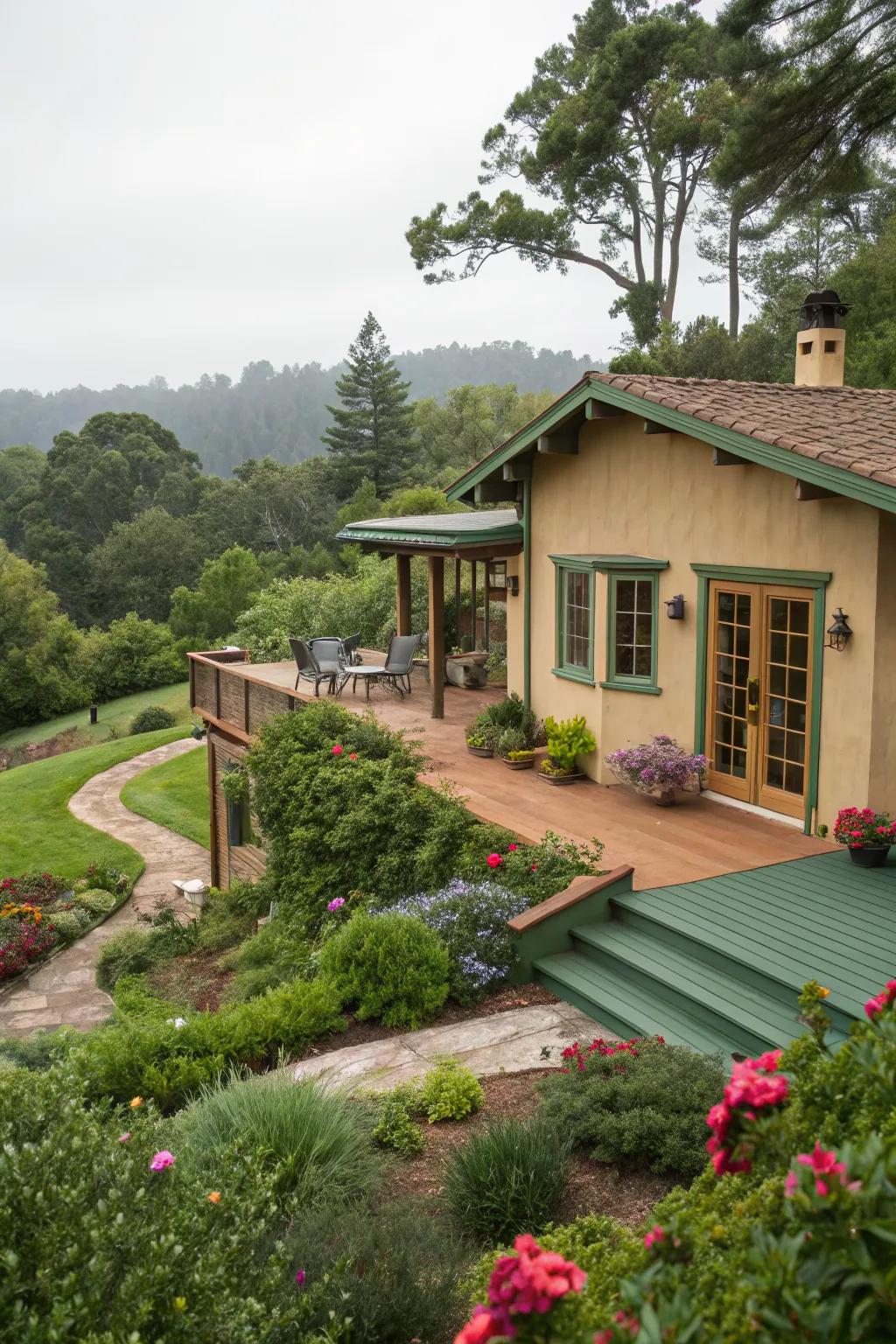 Earthy green decks create a natural, harmonious vibe.