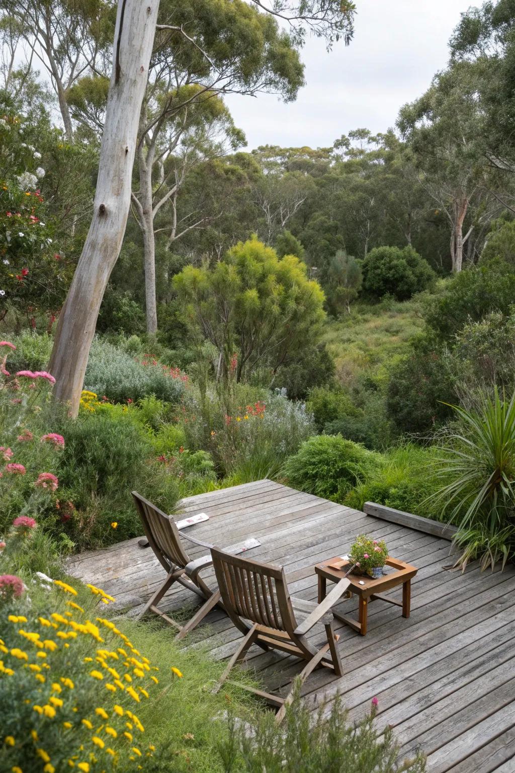 A deck enveloped by a lush green oasis.