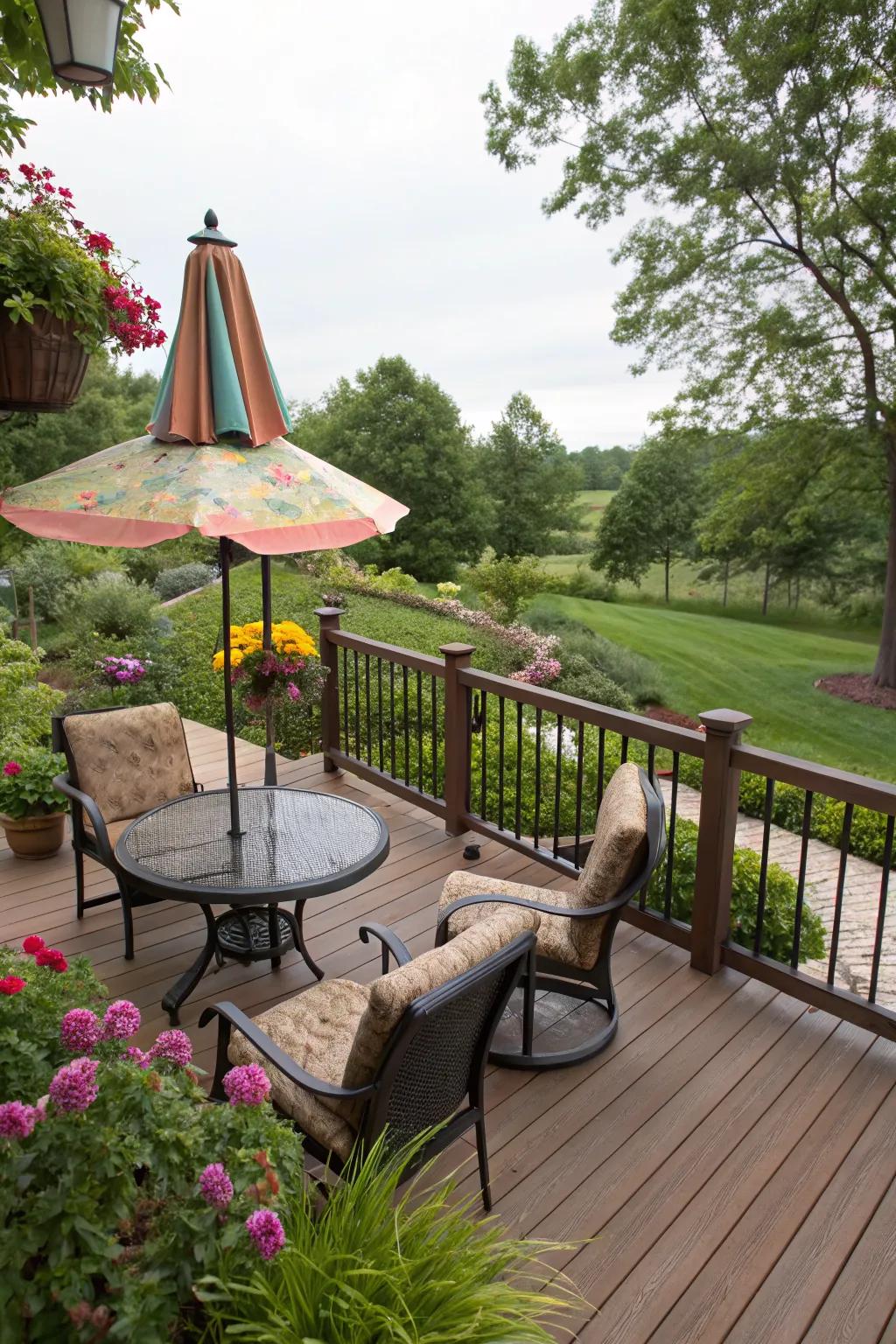 Cozy outdoor furniture transforms this deck into a perfect relaxation spot.