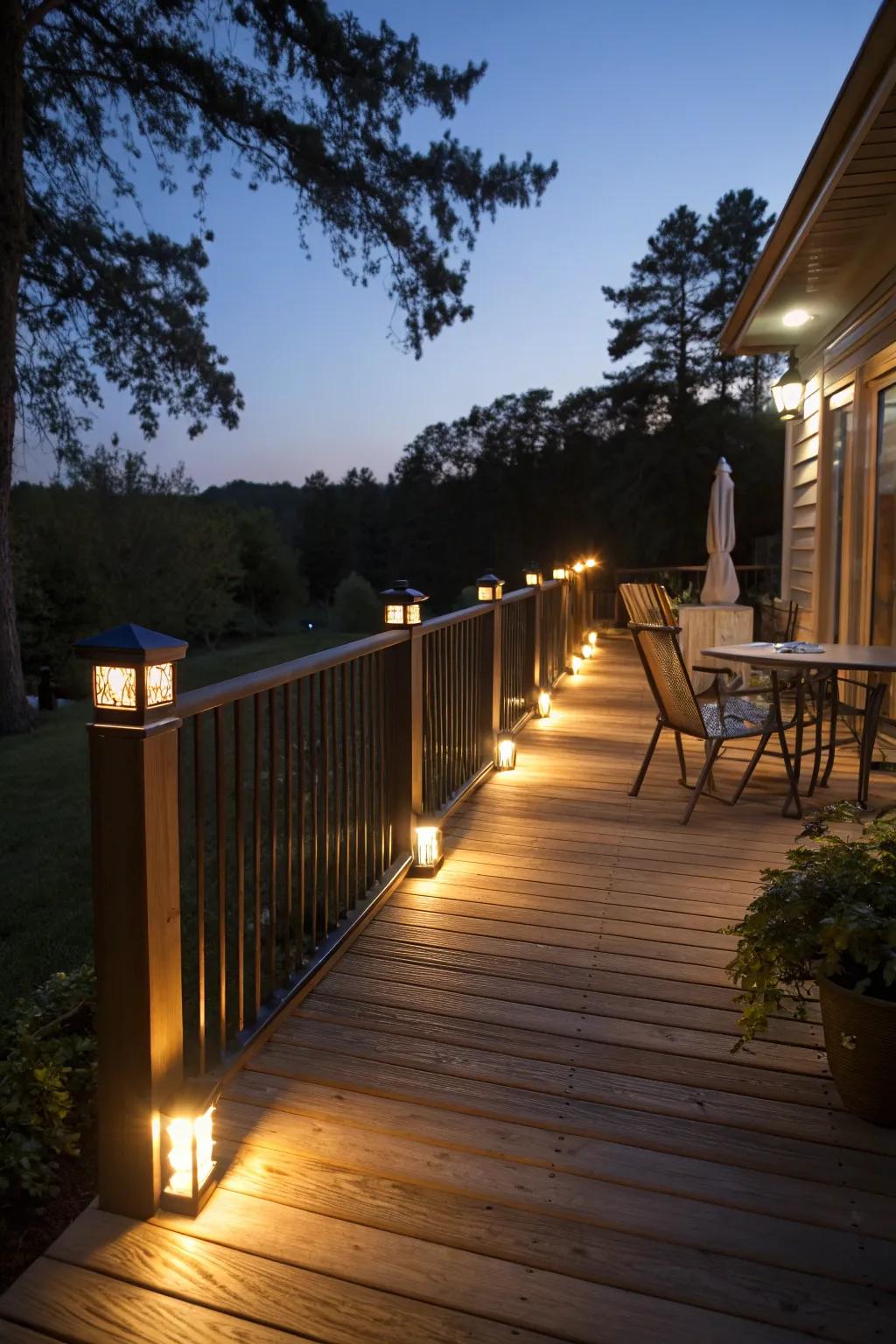 Solar-powered lights add a magical glow to a side deck.