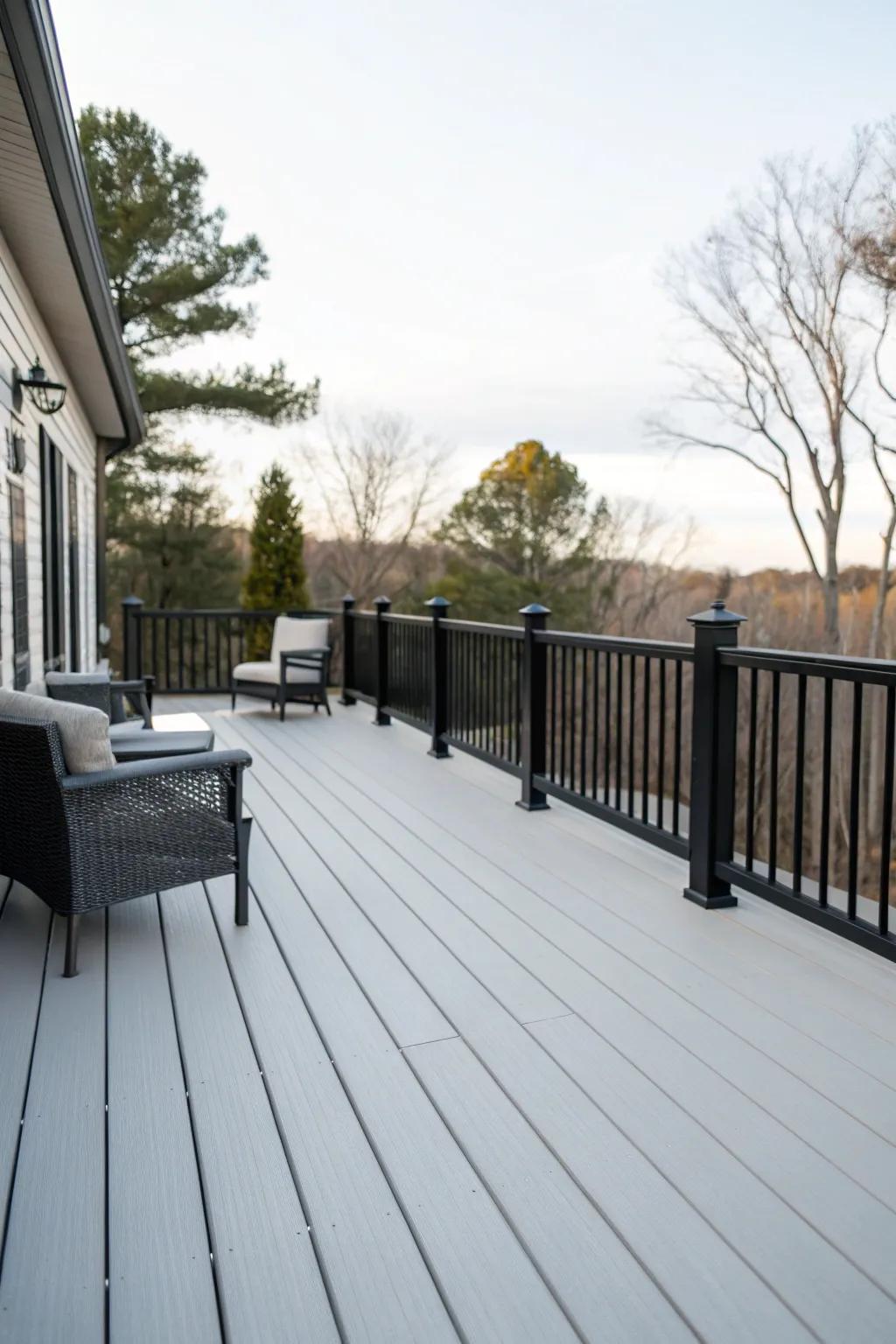 A sophisticated deck painted in light gray, offering a modern outdoor retreat.