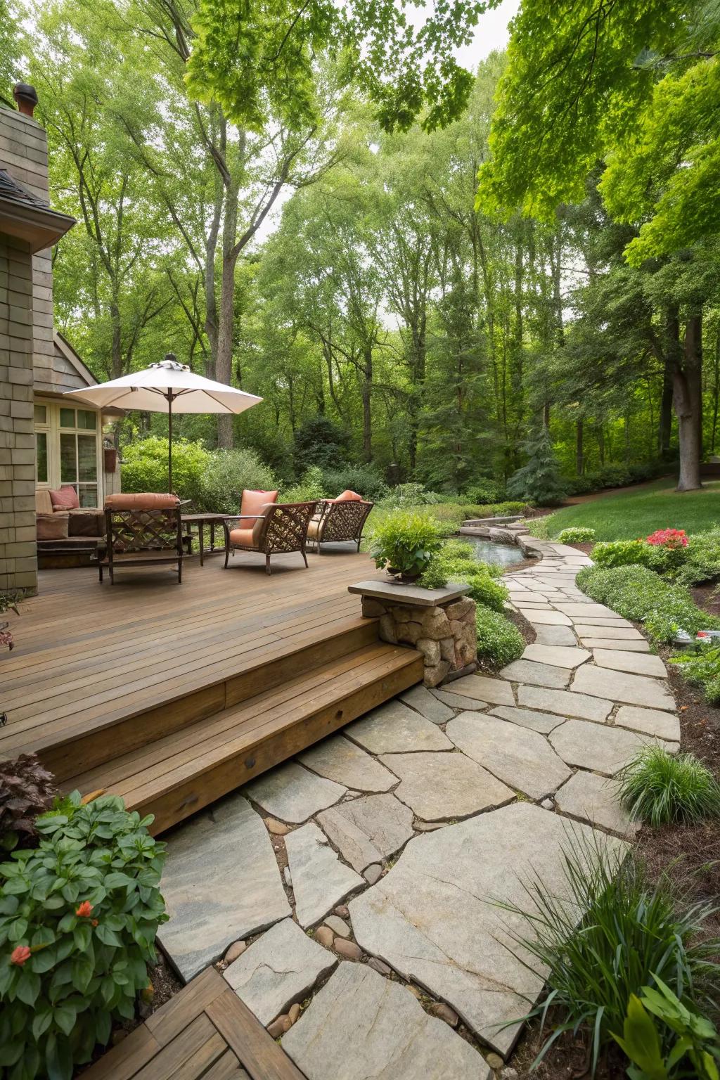 Natural elegance is achieved by blending wood and stone.
