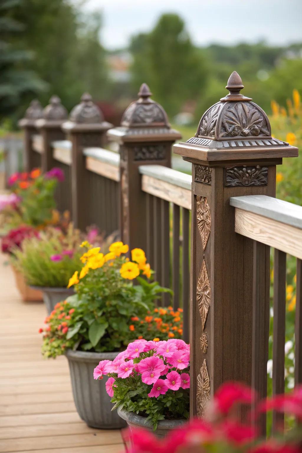 Decorative post caps add elegance and protect the posts in this charming outdoor space.