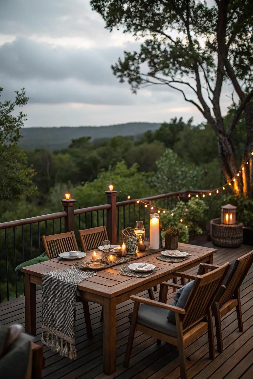 Inviting deck dining area with ambient lighting.