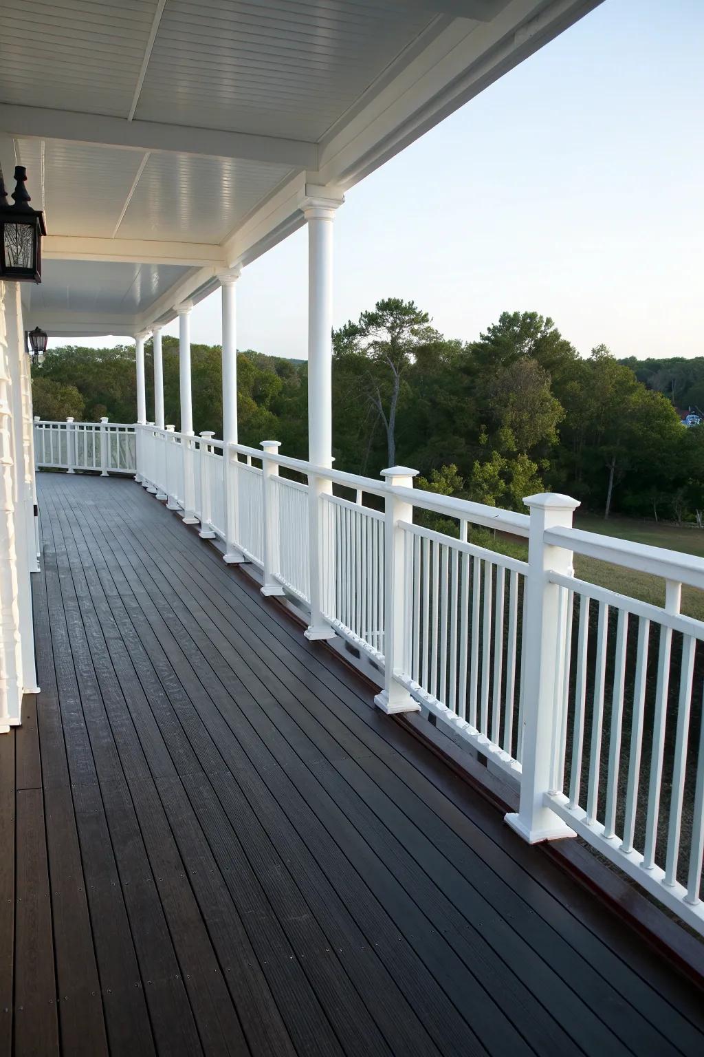 Crisp white railings create a stunning contrast with dark decking.