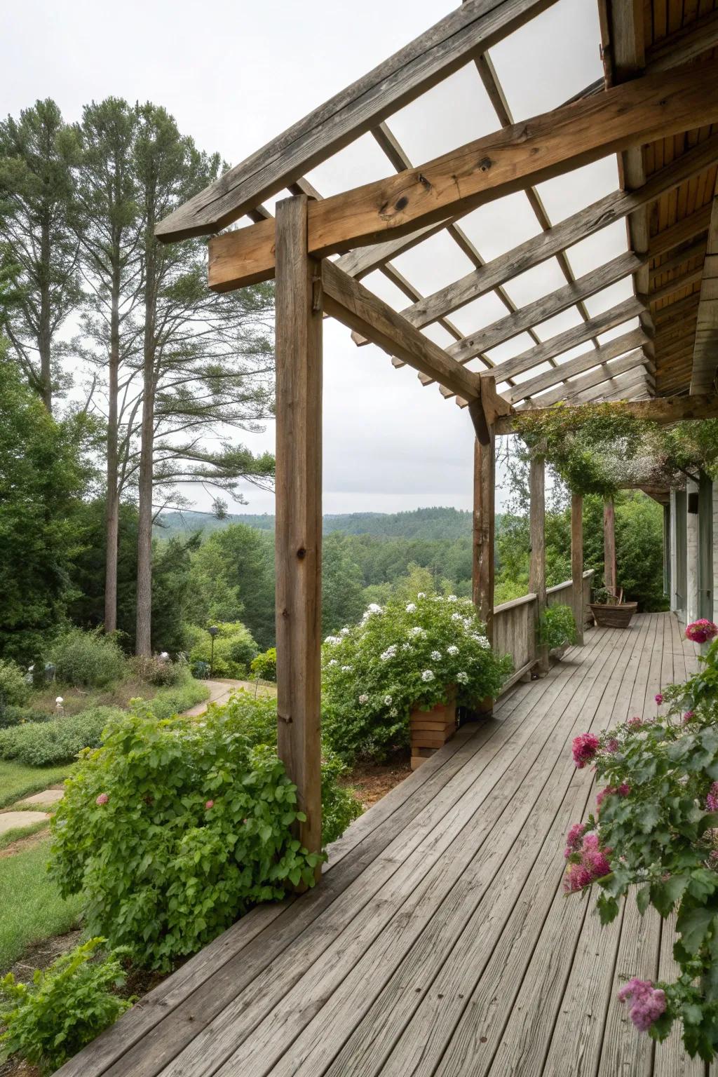 Rustic wooden beams create a warm and inviting deck space.