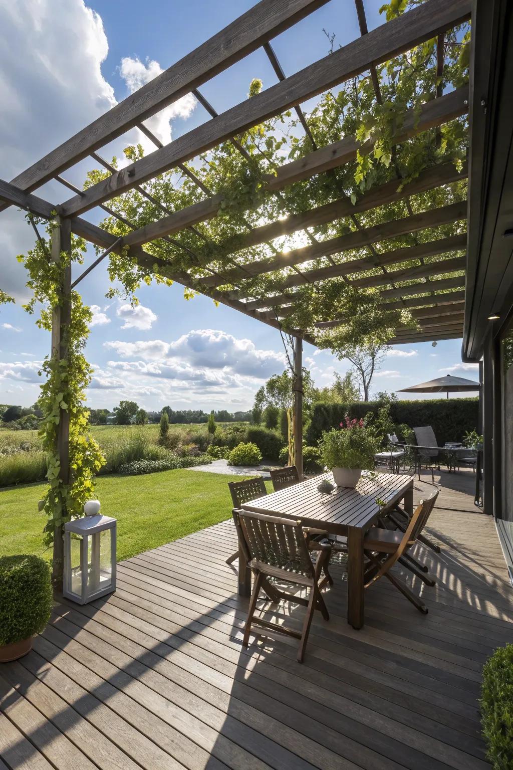 A sophisticated deck complete with a pergola for shaded dining and relaxation.