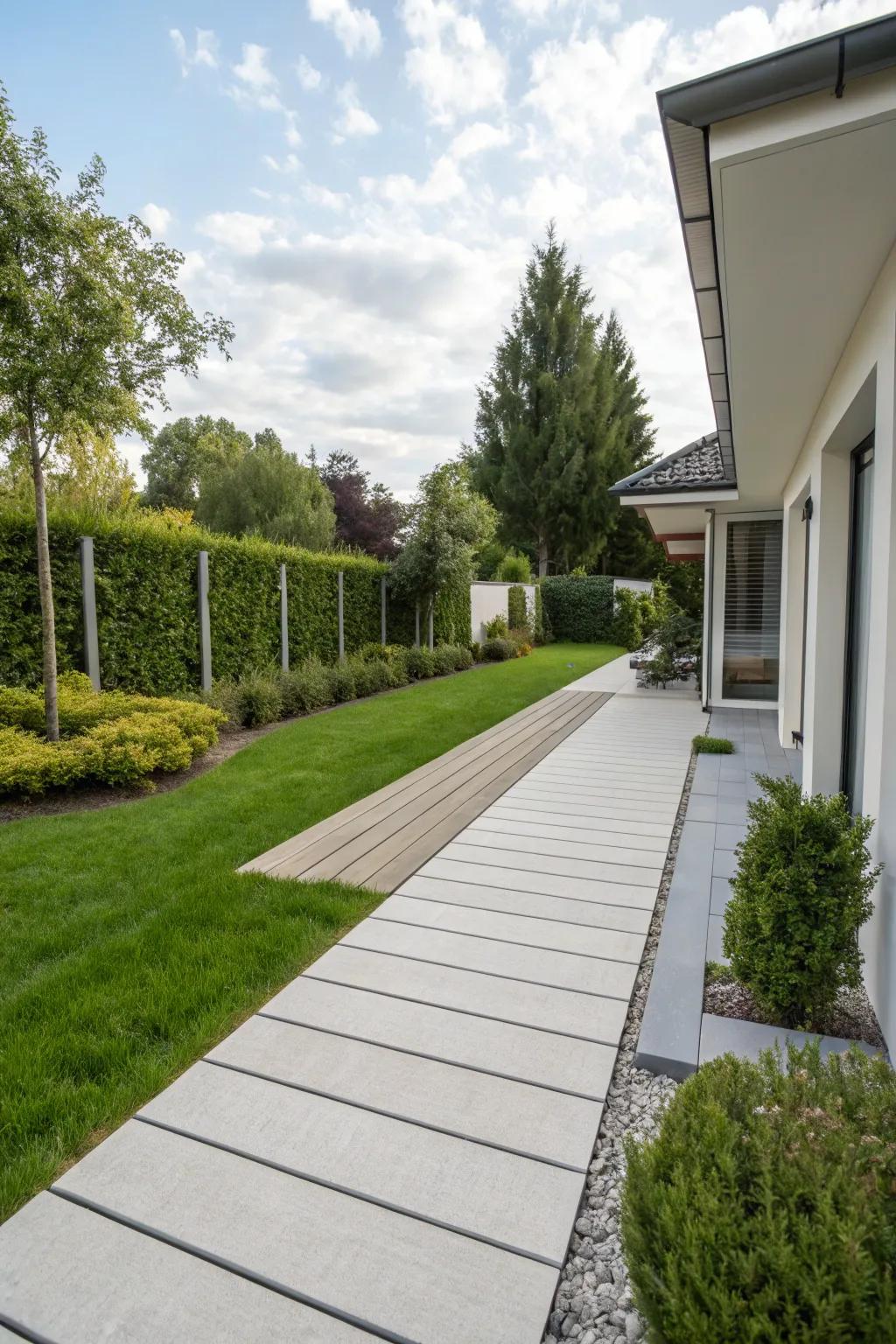 A sleek composite deck path in a modern garden setting.