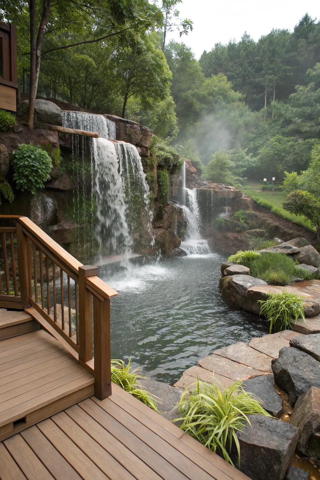 Multi-tiered waterfalls create a dynamic flow on any deck.