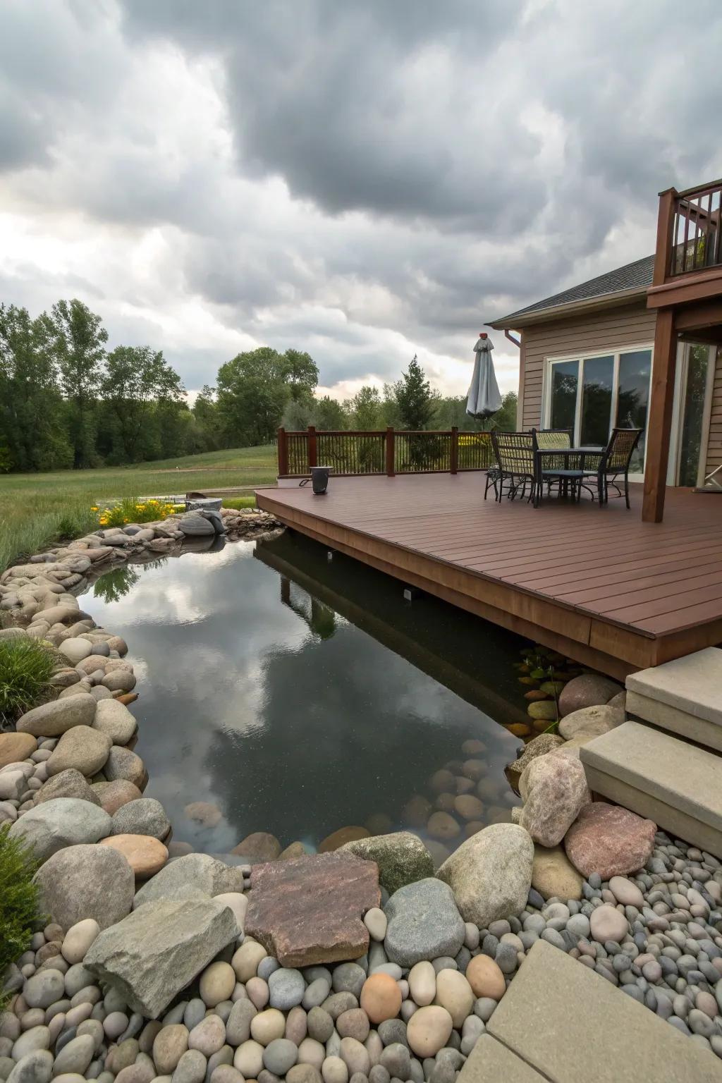A raised platform with a pond adds depth and intrigue to your deck.