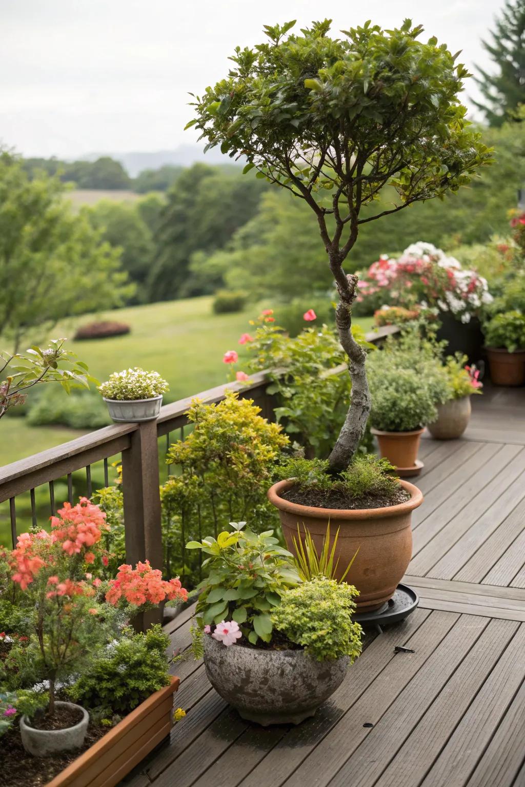 A deck harmoniously integrated with nature through strategic use of greenery.