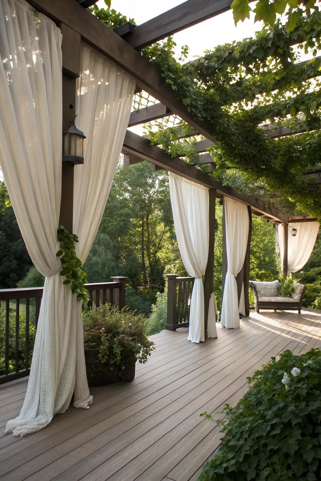 A pergola with drapes offers shade and privacy in a stylish way.