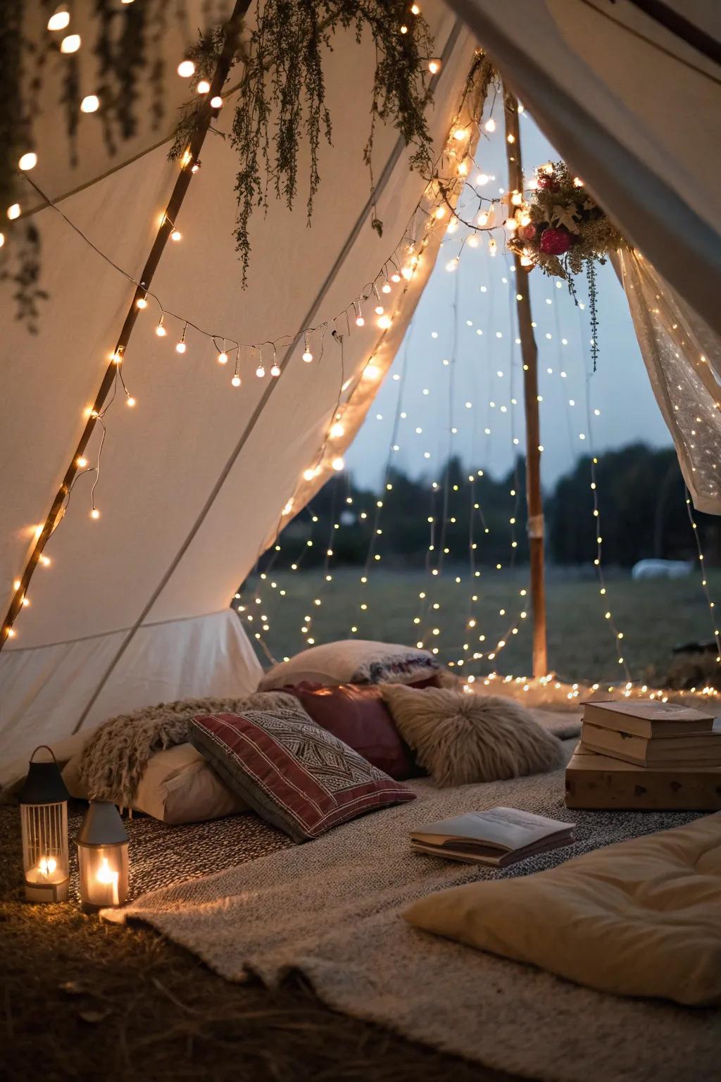 Twinkling fairy lights create a magical ambiance inside this tent.