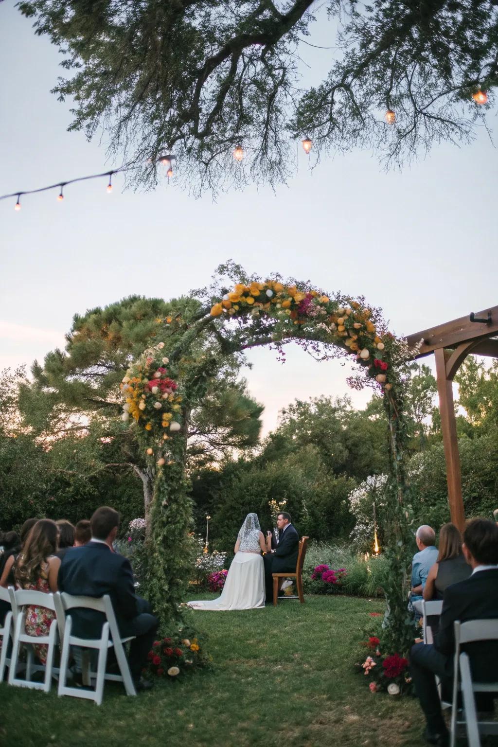 A floral arch creates a breathtaking backdrop for wedding ceremonies.