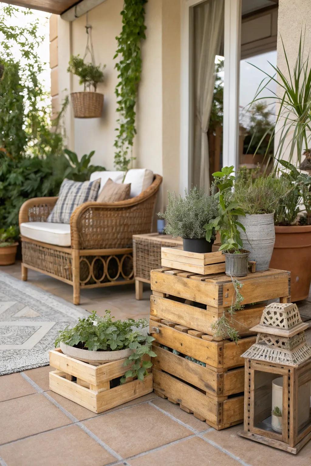 A rustic patio featuring potted plants alongside wooden and wicker elements.