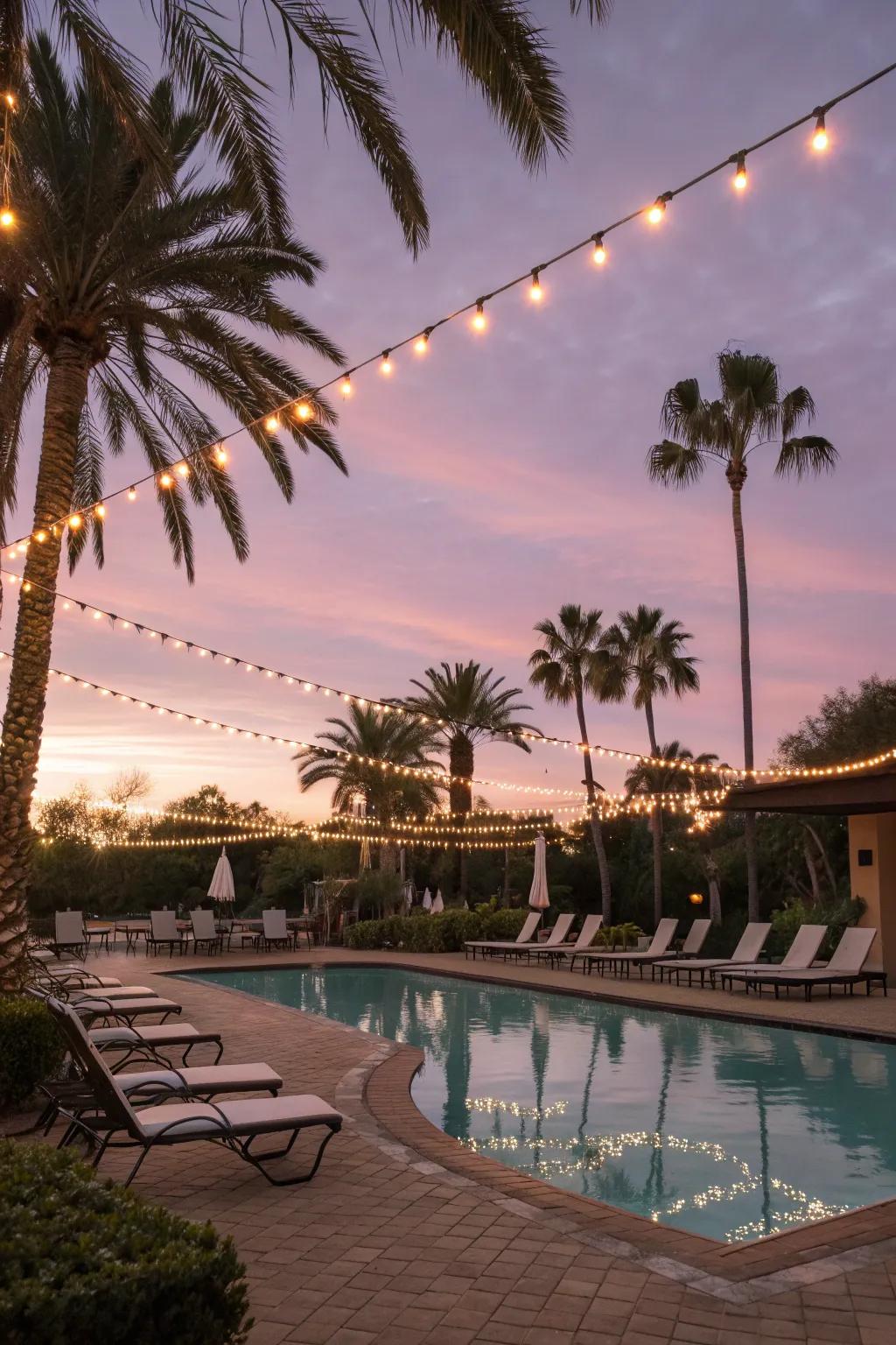 String lights create a cozy atmosphere for evening swims.