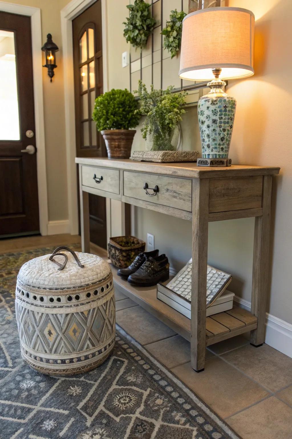 An inviting entryway featuring a garden stool for both style and practicality.